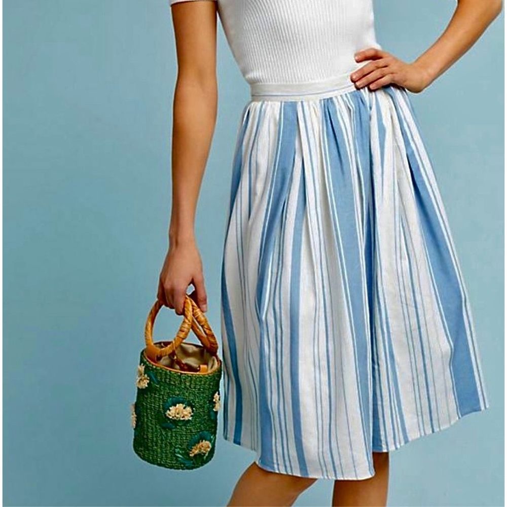 ANTHROPOLOGIE Skirt Eri + Ali Blue & White Stripe Cotton Midi Skirt Size M 🕶️